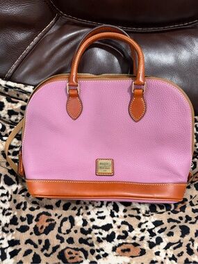 Dooney & Bourke Pink Leather Satchel with Brown Trim and Gold Hardware